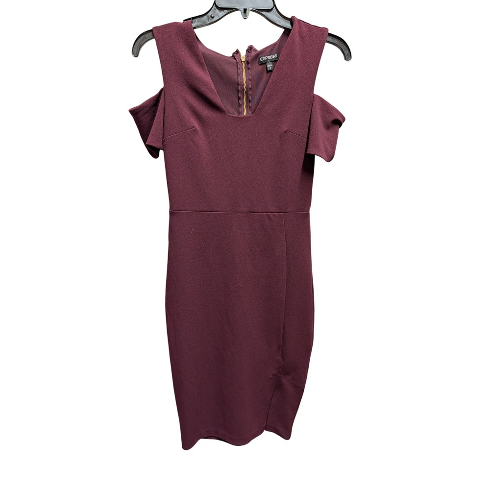 Express Sheath Dress Womens 2 Burgundy Excellent Cold Shoulder Gold Zip Slit